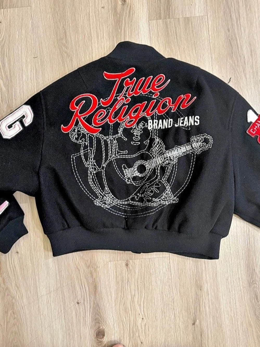 True Religion Crop Varsity Jacket Black & Red Size Large